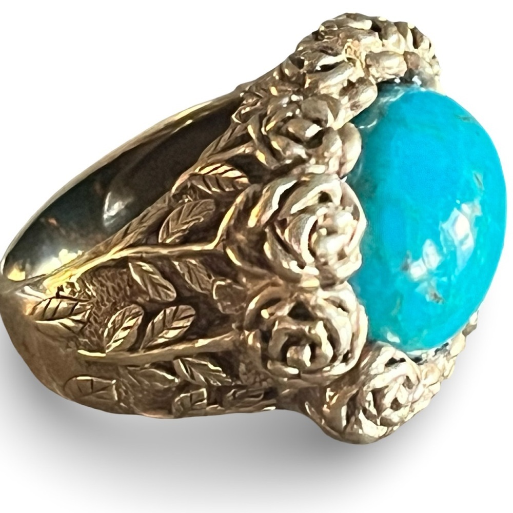 Vintage Gold Over Sterling Silver Turquoise Rose and Stem Floral Ring Size 6.5 - Picture 2 of 7